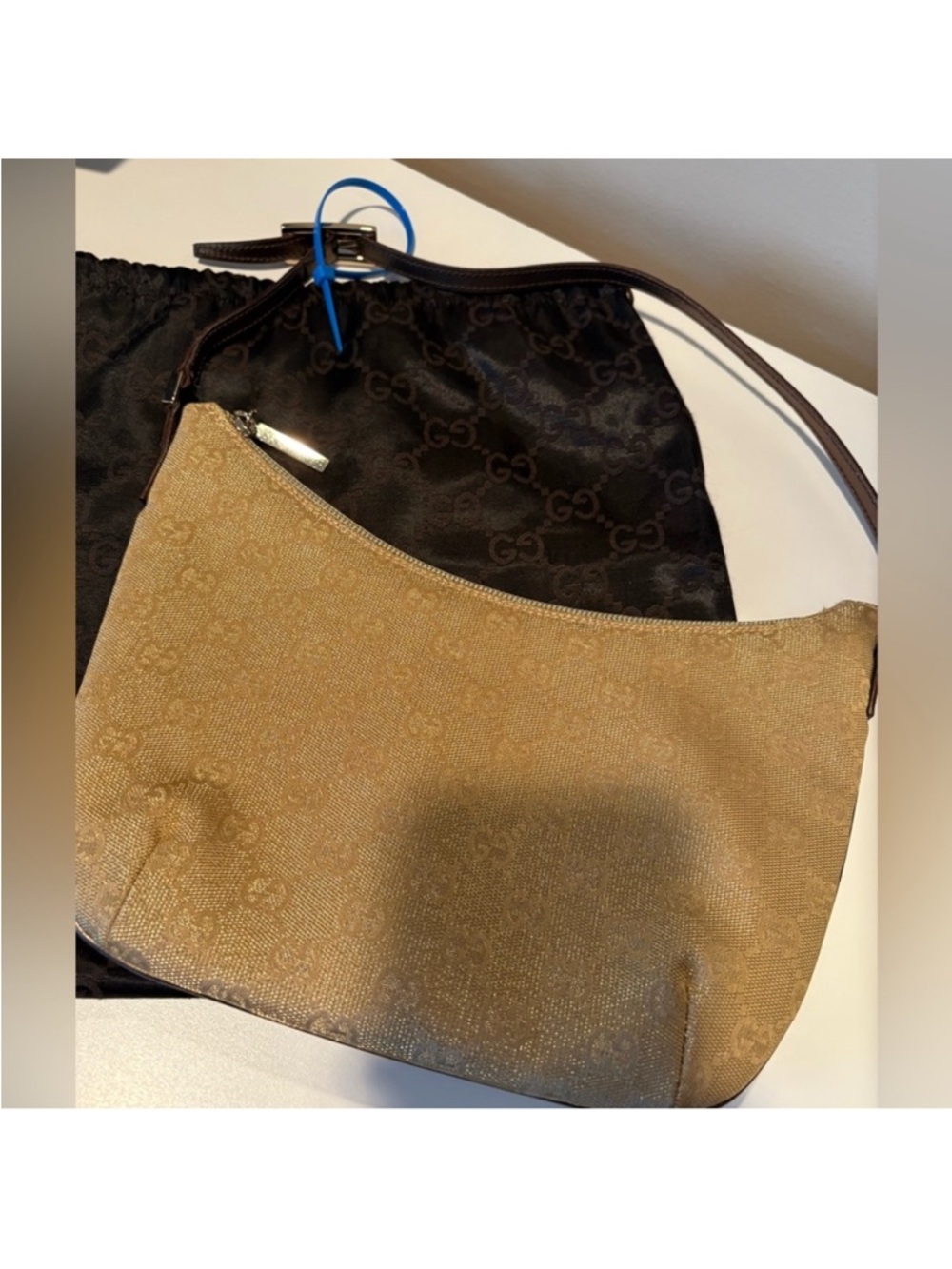 Authentic Gucci Metallic Gold Monogram Half Moon Handbag - Picture 10 of 14
